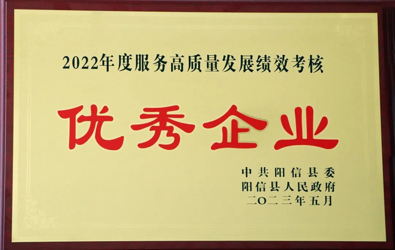 陽信縣城投集團榮獲“2022年度服務(wù)高質(zhì)量發(fā)展績效考核優(yōu)秀企業(yè)”榮譽稱號